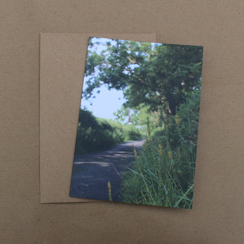 Greeting card with an image of a country road and yellow wildflowers